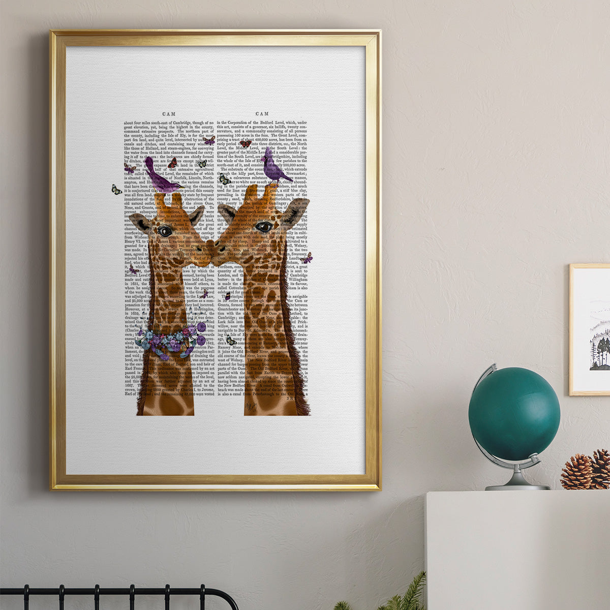 Kissing Giraffes with Birds - Modern Framed Canvas Print