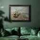 Impressionist coastal fishing boats scene by Vincent van Gogh in an ornate black frame with gilded inner detail displayed in a dark-toned interior setting.