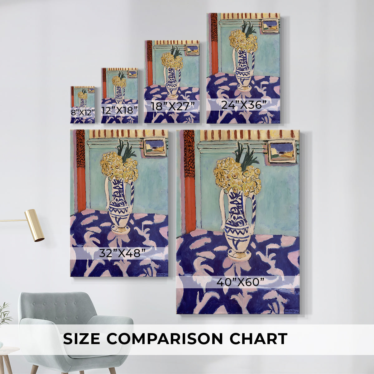 Size comparison chart for canvas art prints, showing multiple size options.