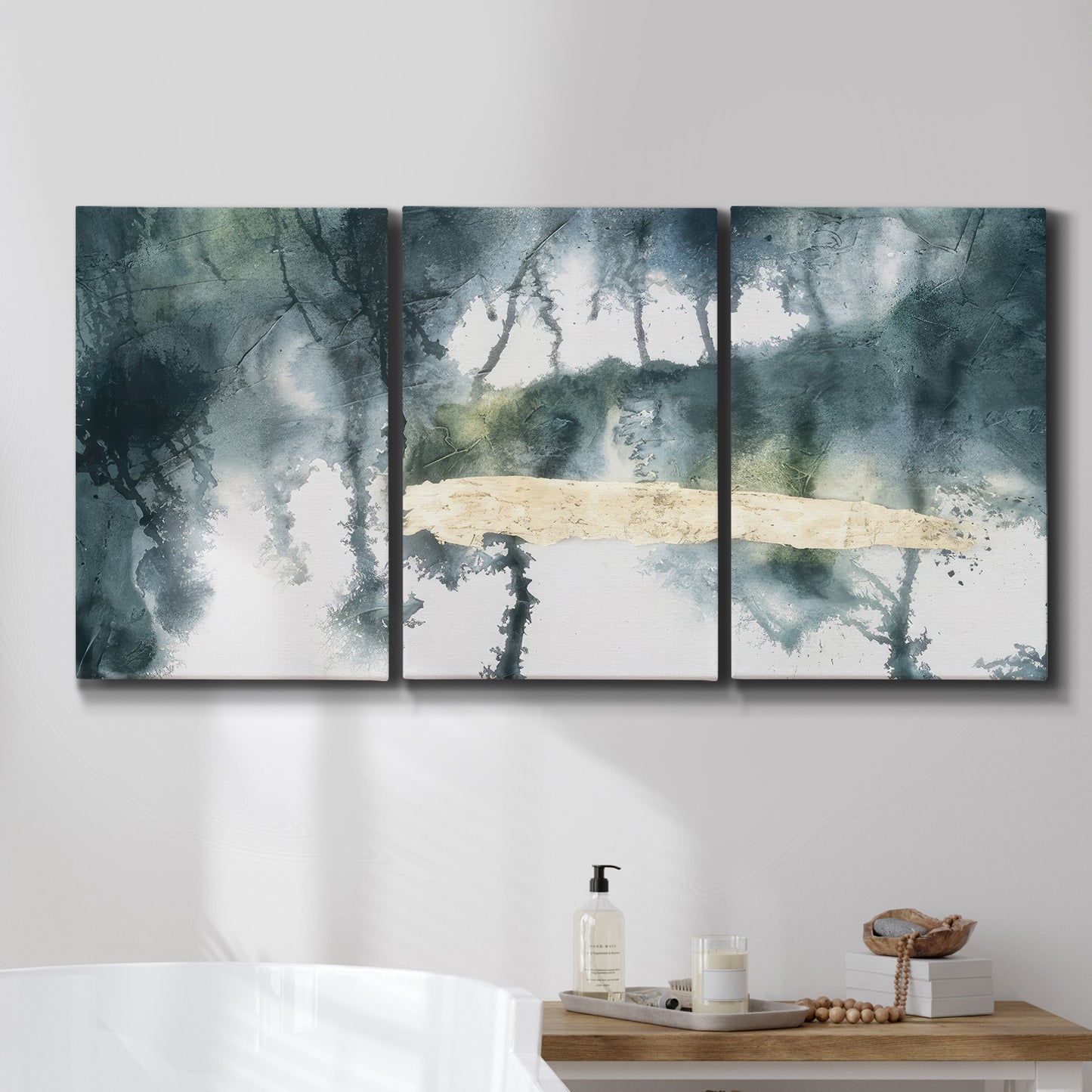 Three-panel canvas wall art featuring saturated abstract color fields, displayed in a bathroom above a bathtub.