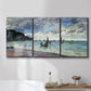 Three-panel canvas wall art featuring figures walking along sandy shoreline, displayed in a bathroom above a bathtub.