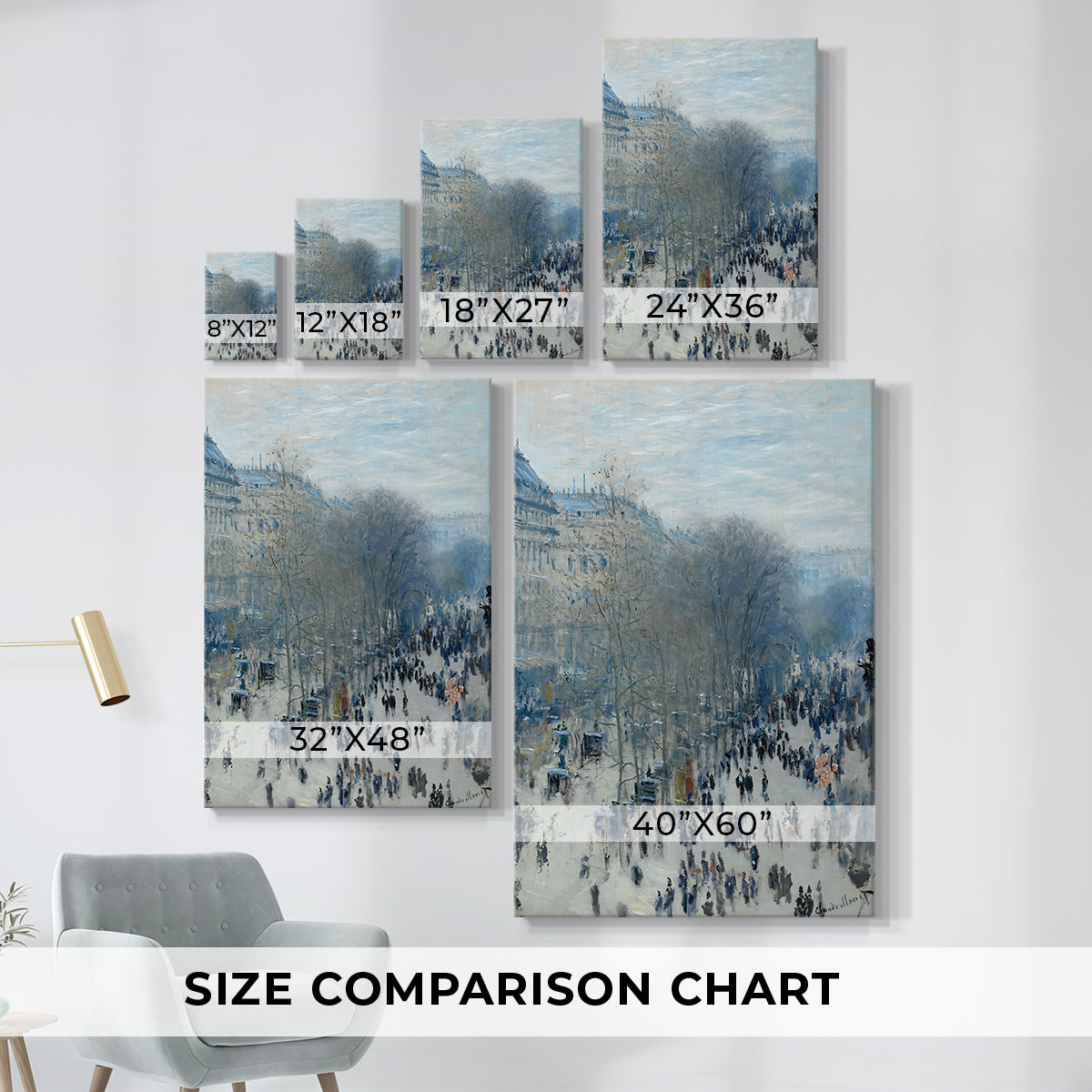Size comparison chart for canvas art prints, showing multiple size options.