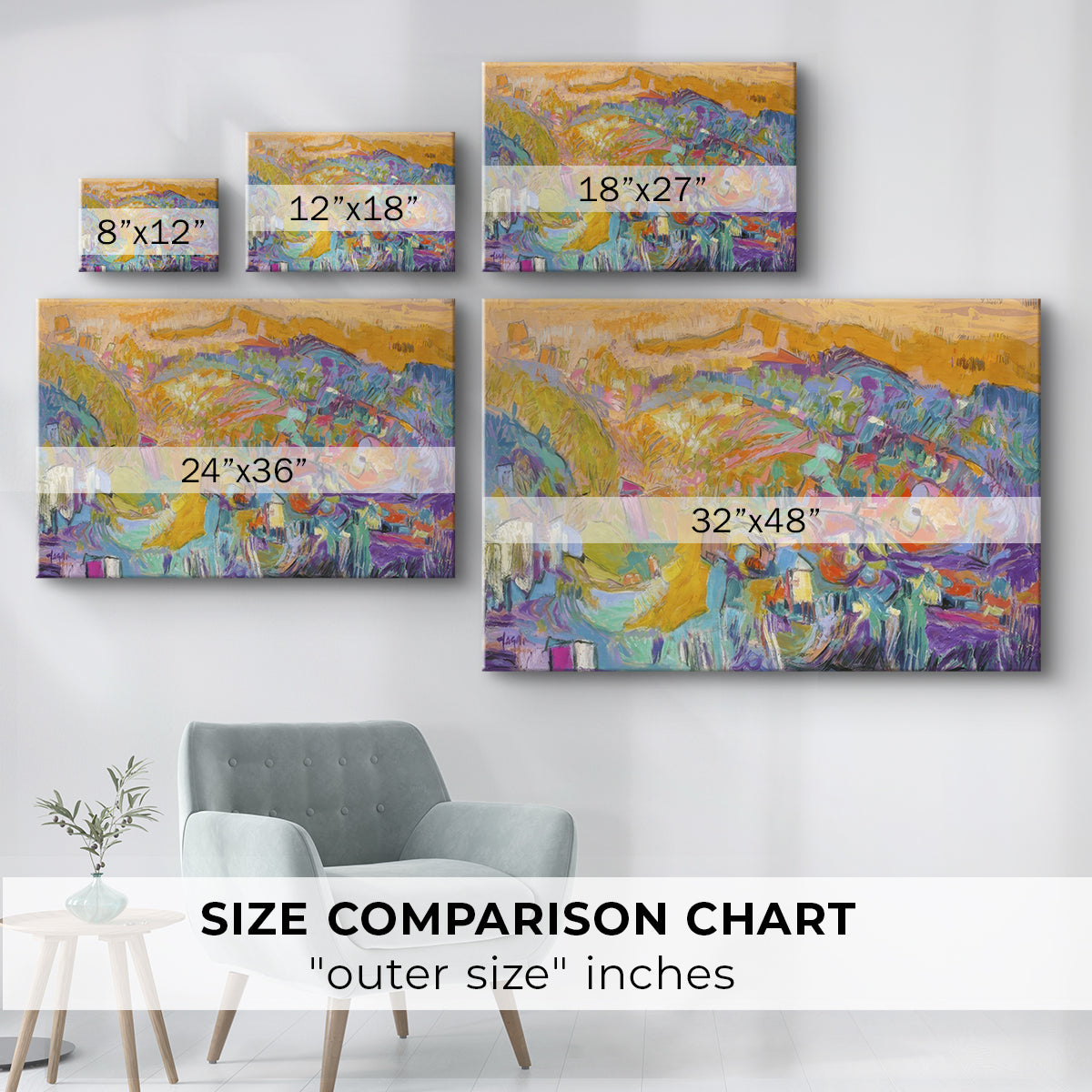 Colorful abstract landscape depicting vibrant hills and valleys at sunset with varying hues and forms