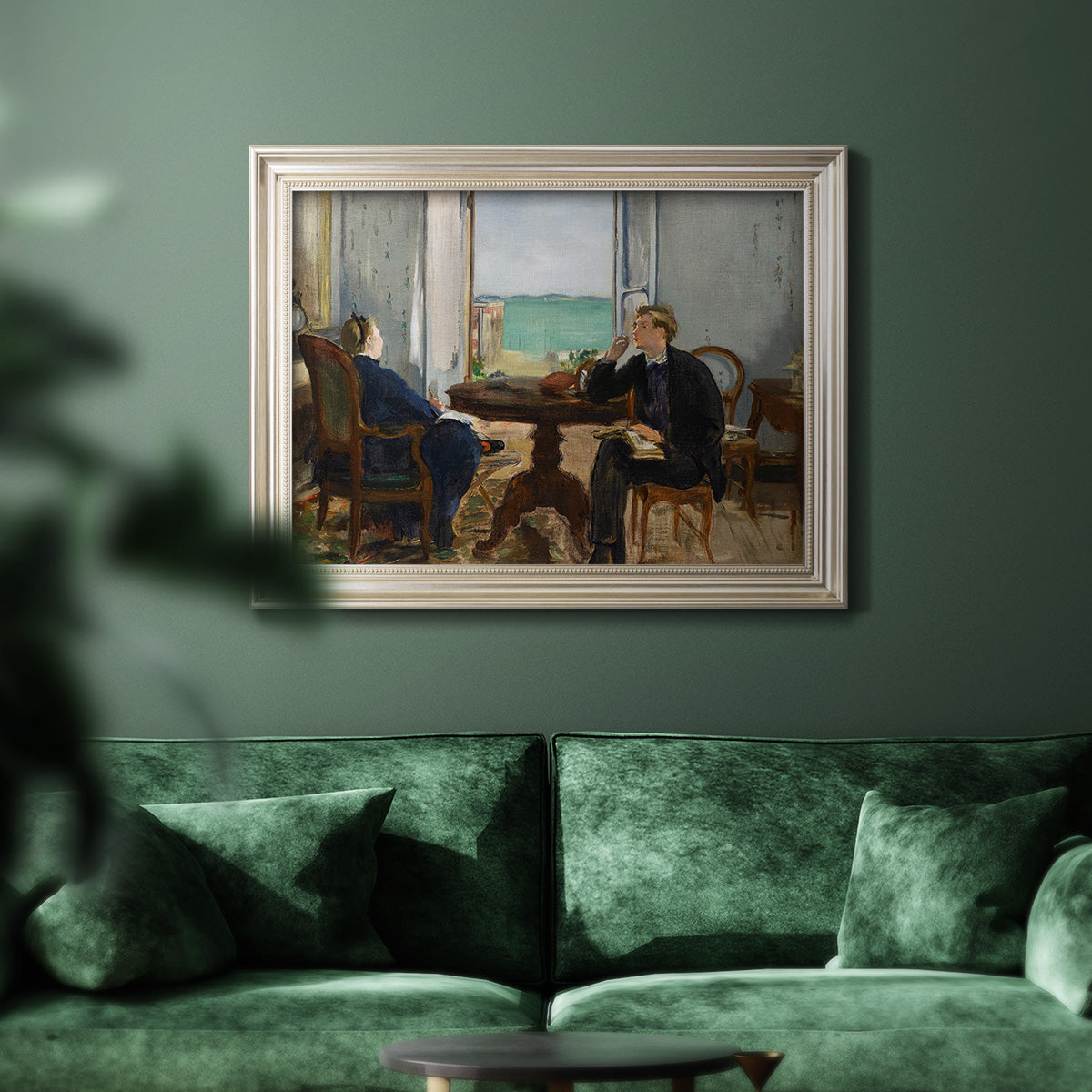 Impressionist interior scene by Édouard Manet in an ornate champagne frame displayed in a dark-toned interior setting.