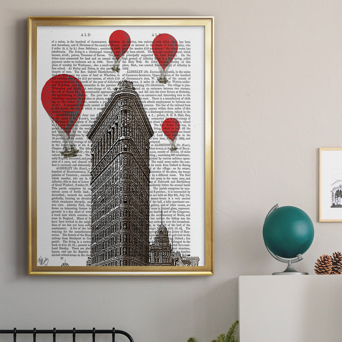 Flat Iron Building and Red Hot Air Balloons - Modern Framed Canvas Print