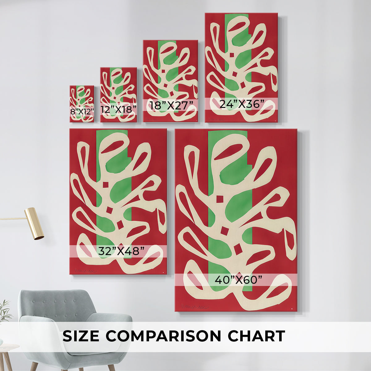 Size comparison chart for canvas art prints, showing multiple size options.