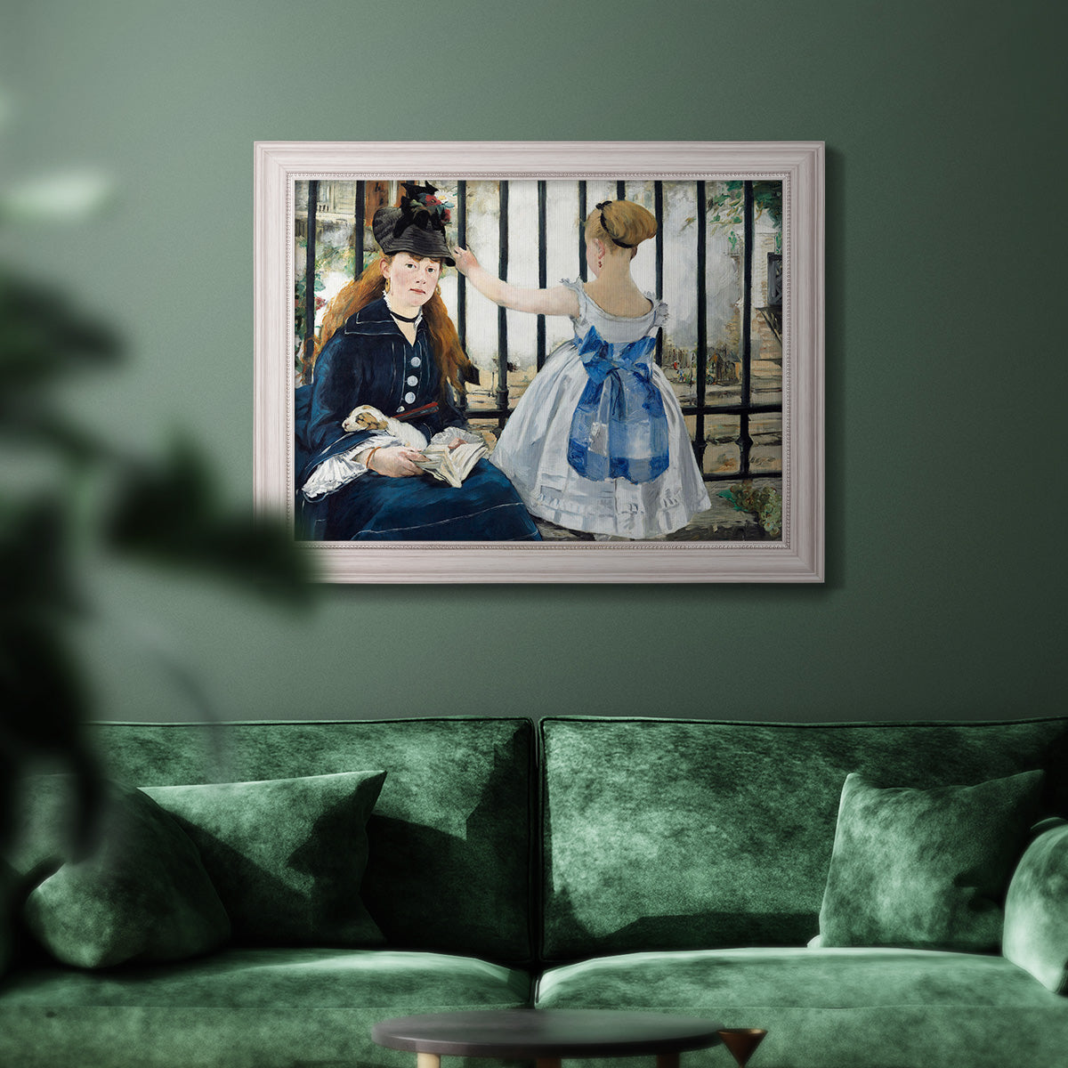 Impressionist urban scene near a railway by Édouard Manet in an ornate weathered white frame displayed in a dark-toned interior setting.