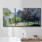 Three-panel canvas wall art featuring formal city park with trees, displayed in a bathroom above a bathtub.