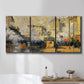 Three-panel canvas wall art featuring calm tropical shoreline at dusk, displayed in a bathroom above a bathtub.