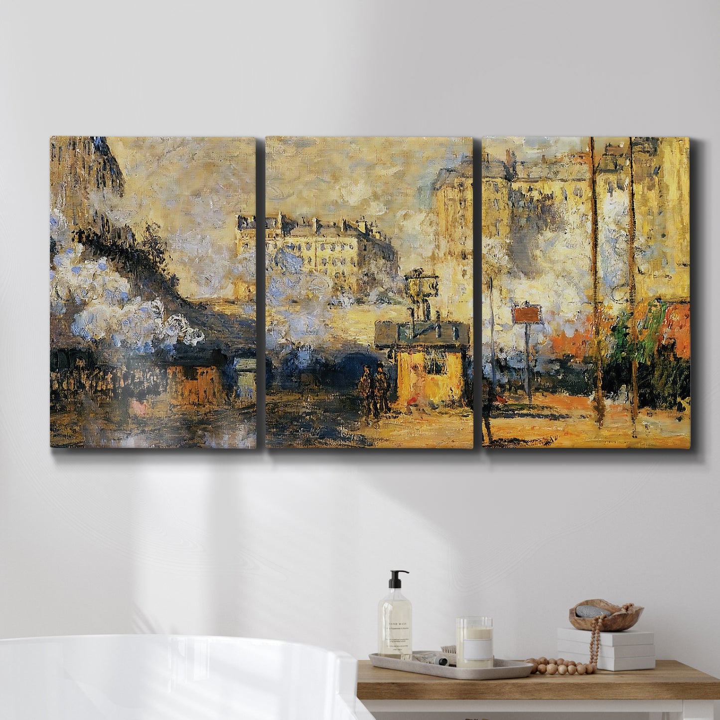 Three-panel canvas wall art featuring calm tropical shoreline at dusk, displayed in a bathroom above a bathtub.