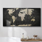 Three-panel canvas wall art featuring antique world map illustration, displayed in a bathroom above a bathtub.