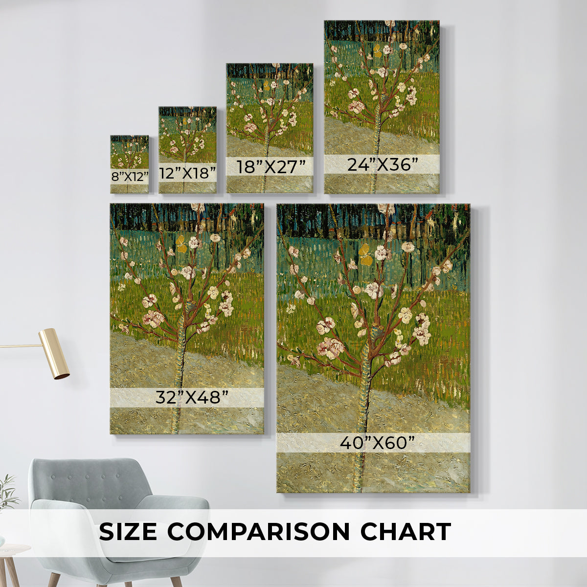 Size comparison chart for canvas art prints, showing multiple size options.