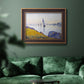 Impressionist coastal harbor at dusk by Paul Signac in an ornate bronzed mahogany wood frame displayed in a dark-toned interior setting.