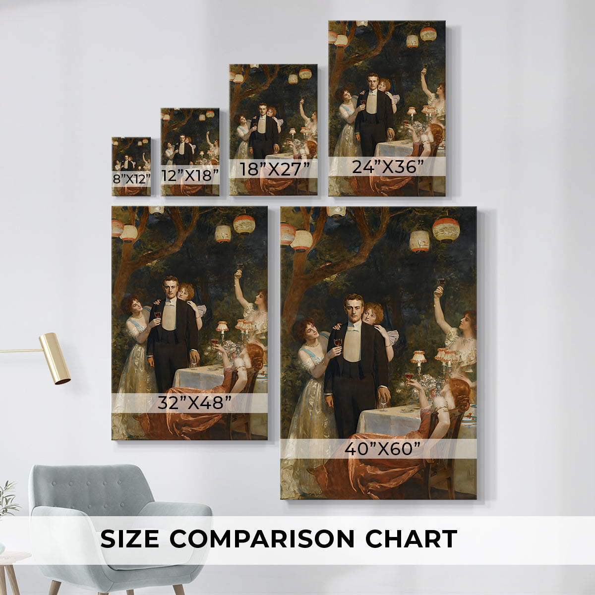 Size comparison chart for canvas art prints, showing multiple size options.