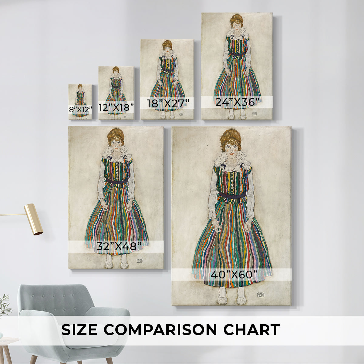 Size comparison chart for canvas art prints, showing multiple size options.