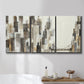Three-panel canvas wall art featuring abstract harbor inspired composition, displayed in a bathroom above a bathtub.