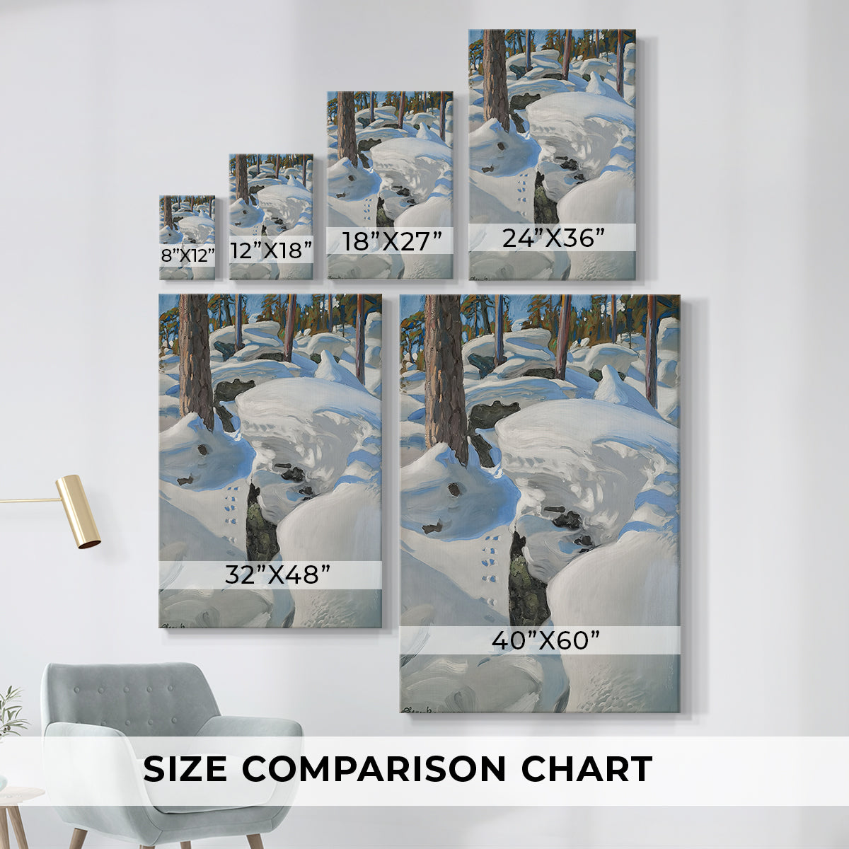 Size comparison chart for canvas art prints, showing multiple size options.