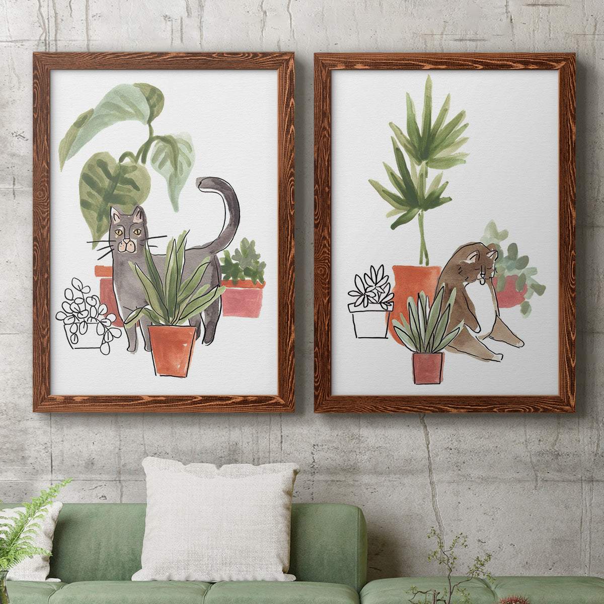 Purrfect Plants I - Premium Framed Canvas 2 Piece Set - Ready to Hang