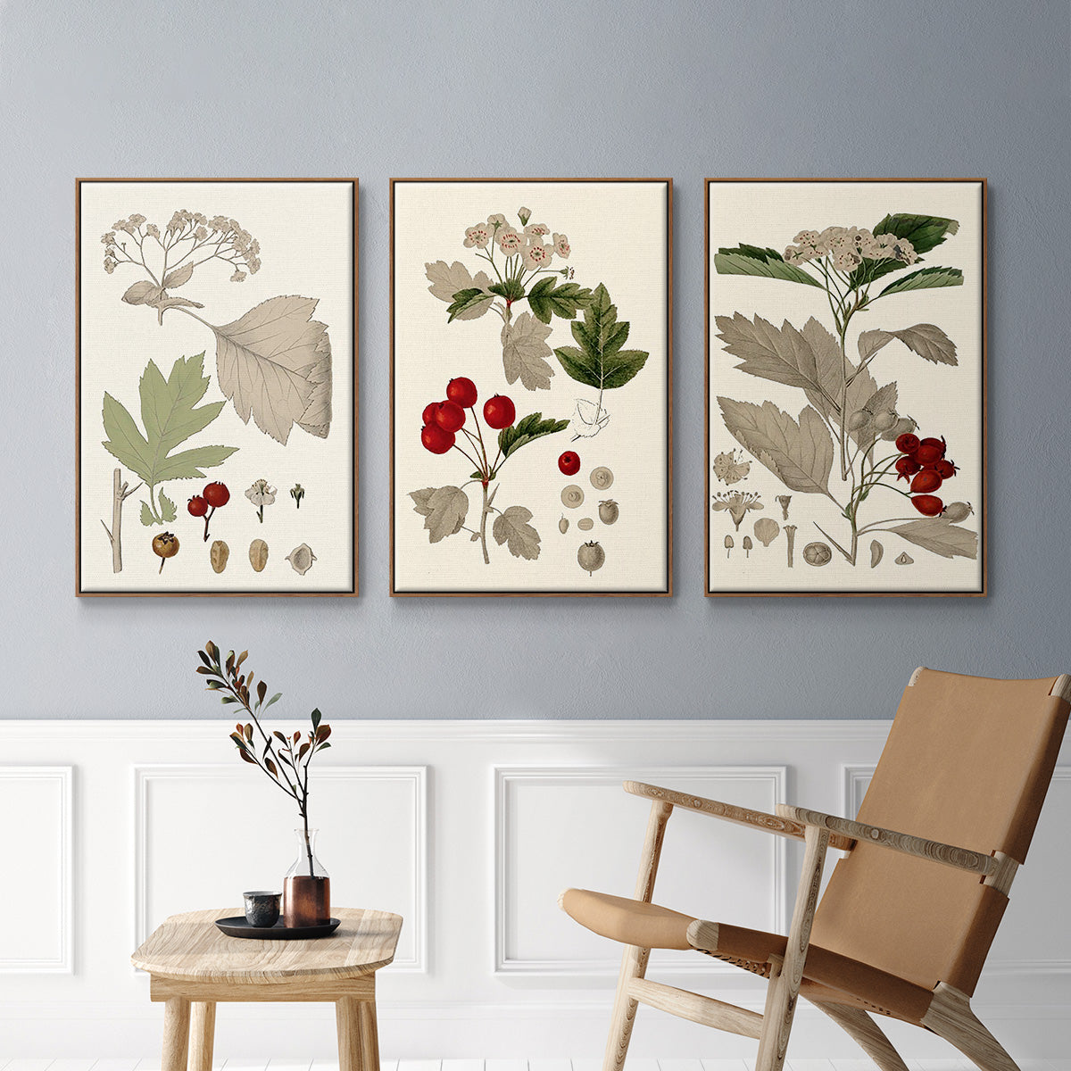 Leaves & Berries I - Framed Premium Gallery Wrapped Canvas L Frame 3 Piece Set - Ready to Hang