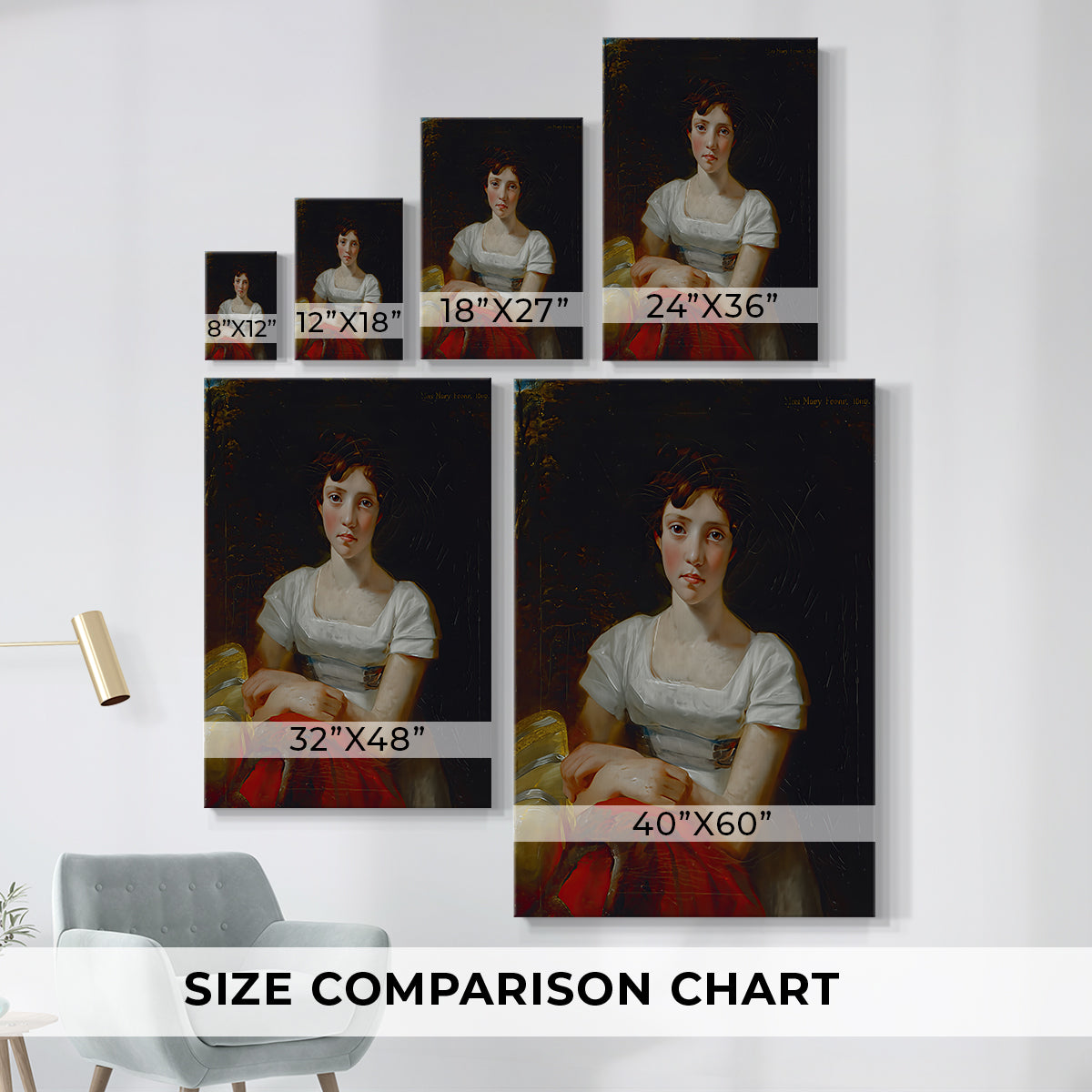 Size comparison chart for canvas art prints, showing multiple size options.