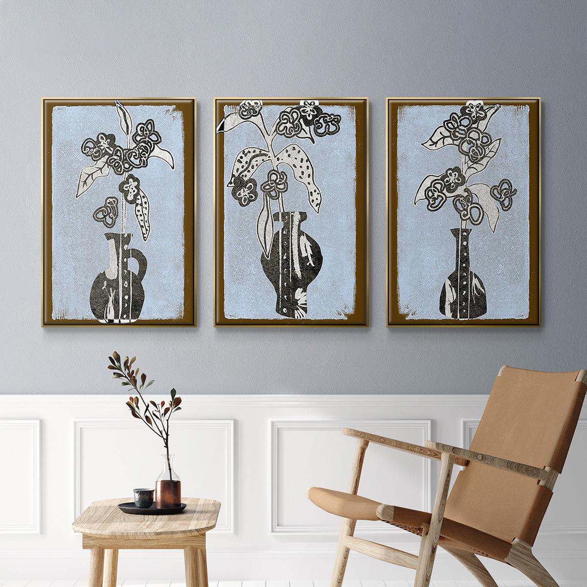 Graphic Flowers in Vase I - Framed Premium Gallery Wrapped Canvas L Frame 3 Piece Set - Ready to Hang