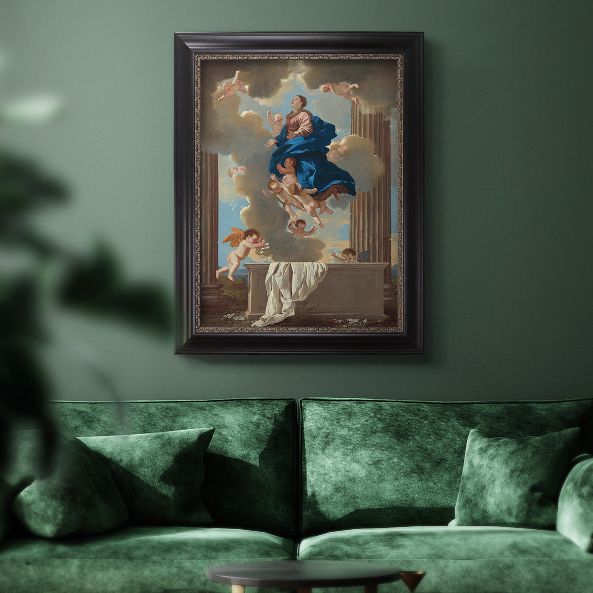 Classical religious depiction of the Assumption of the Virgin by Nicolas Poussin in an ornate black frame with gilded inner detail displayed in a dark-toned interior setting.
