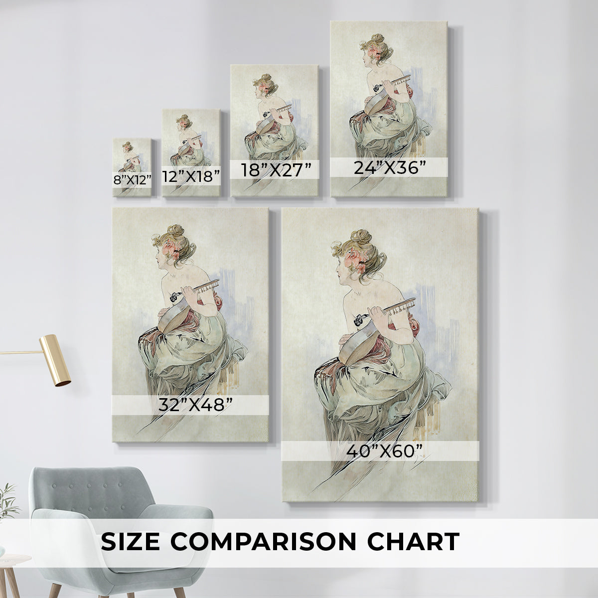Size comparison chart for canvas art prints, showing multiple size options.