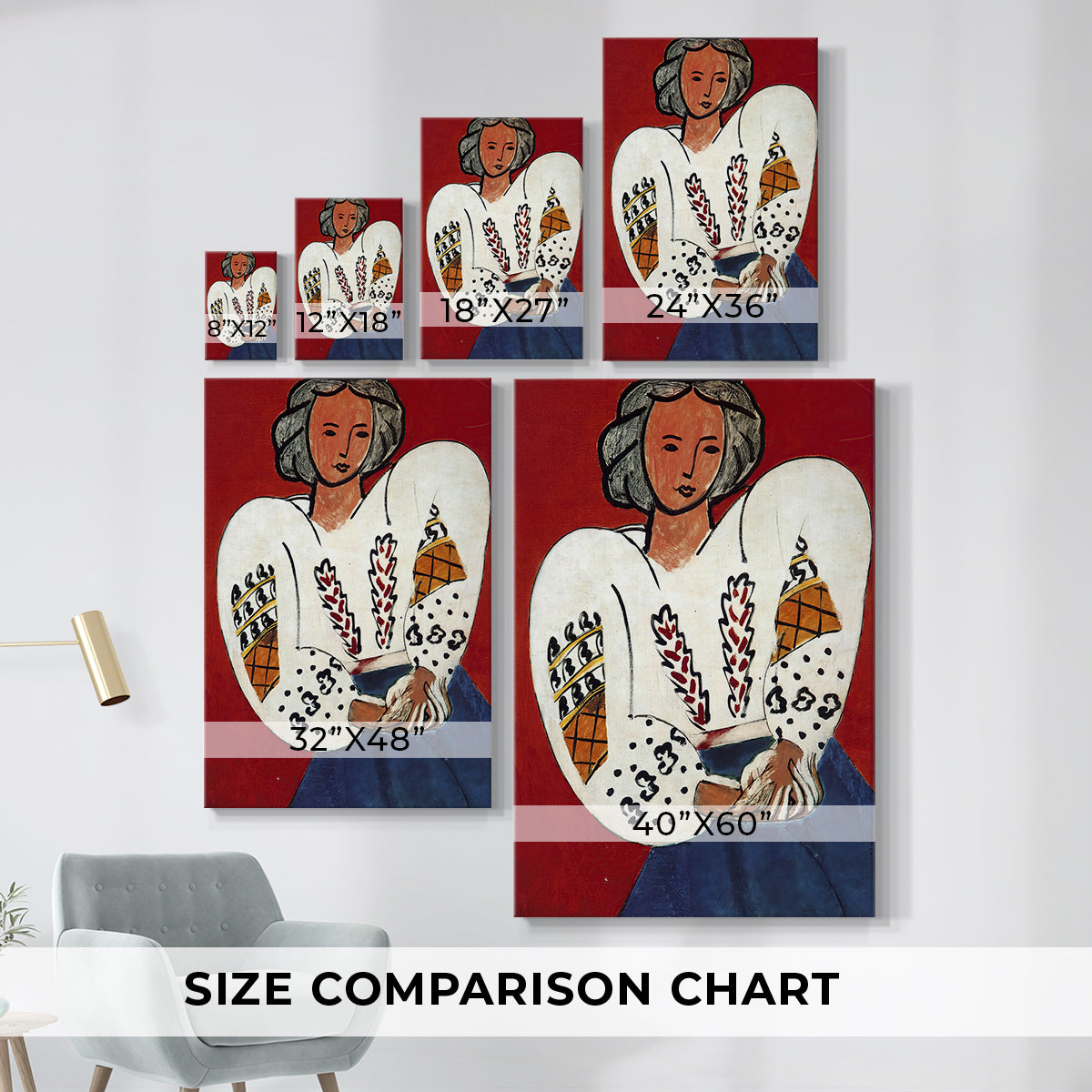 Size comparison chart for canvas art prints, showing multiple size options.