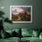 Romantic allegorical landscape painting by Jasper Francis Cropsey in an ornate weathered white frame displayed in a dark-toned interior setting.