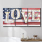 Three-panel canvas wall art featuring patriotic rustic typography art, displayed in a bathroom above a bathtub.
