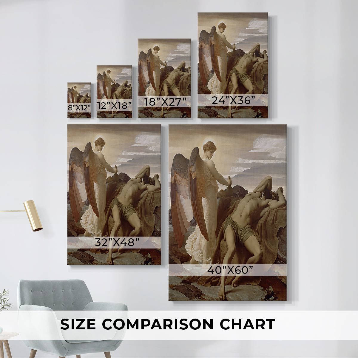 Size comparison chart for canvas art prints, showing multiple size options.