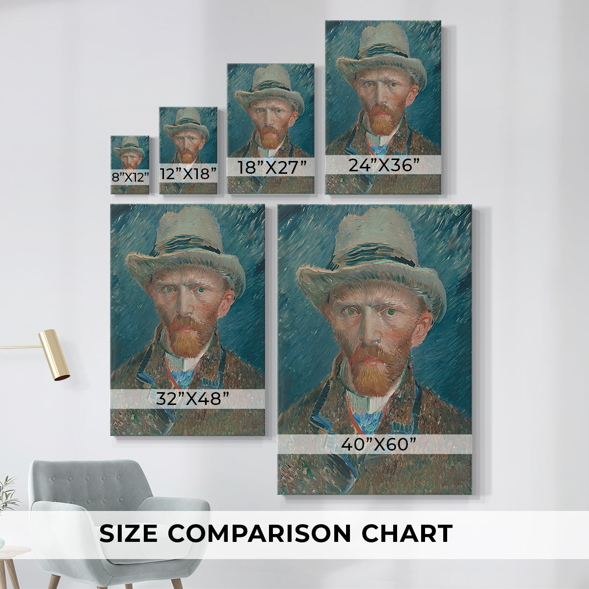 Size comparison chart for canvas art prints, showing multiple size options.