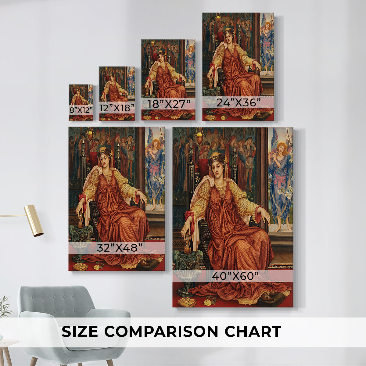 Size comparison chart for canvas art prints, showing multiple size options.