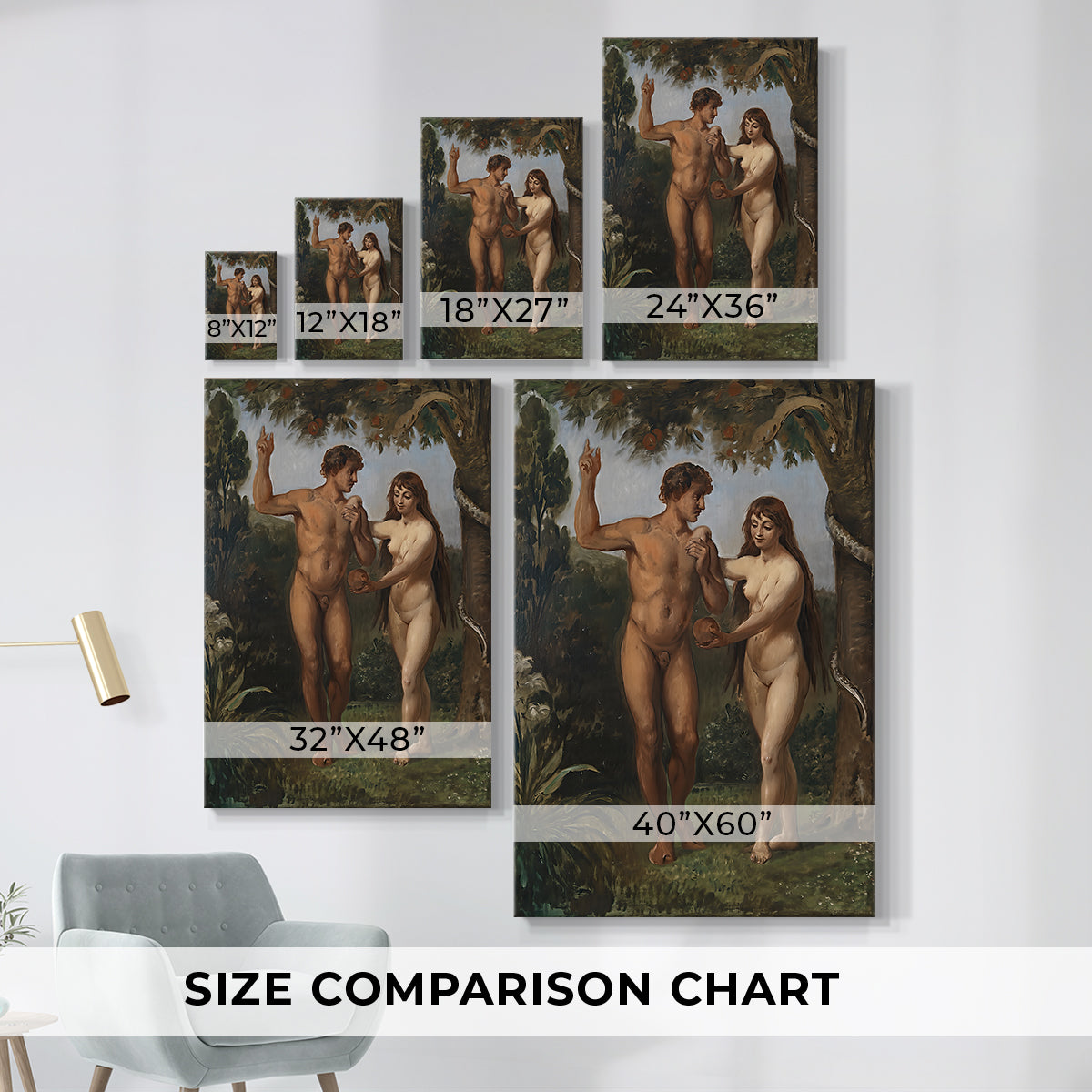 Size comparison chart for canvas art prints, showing multiple size options.