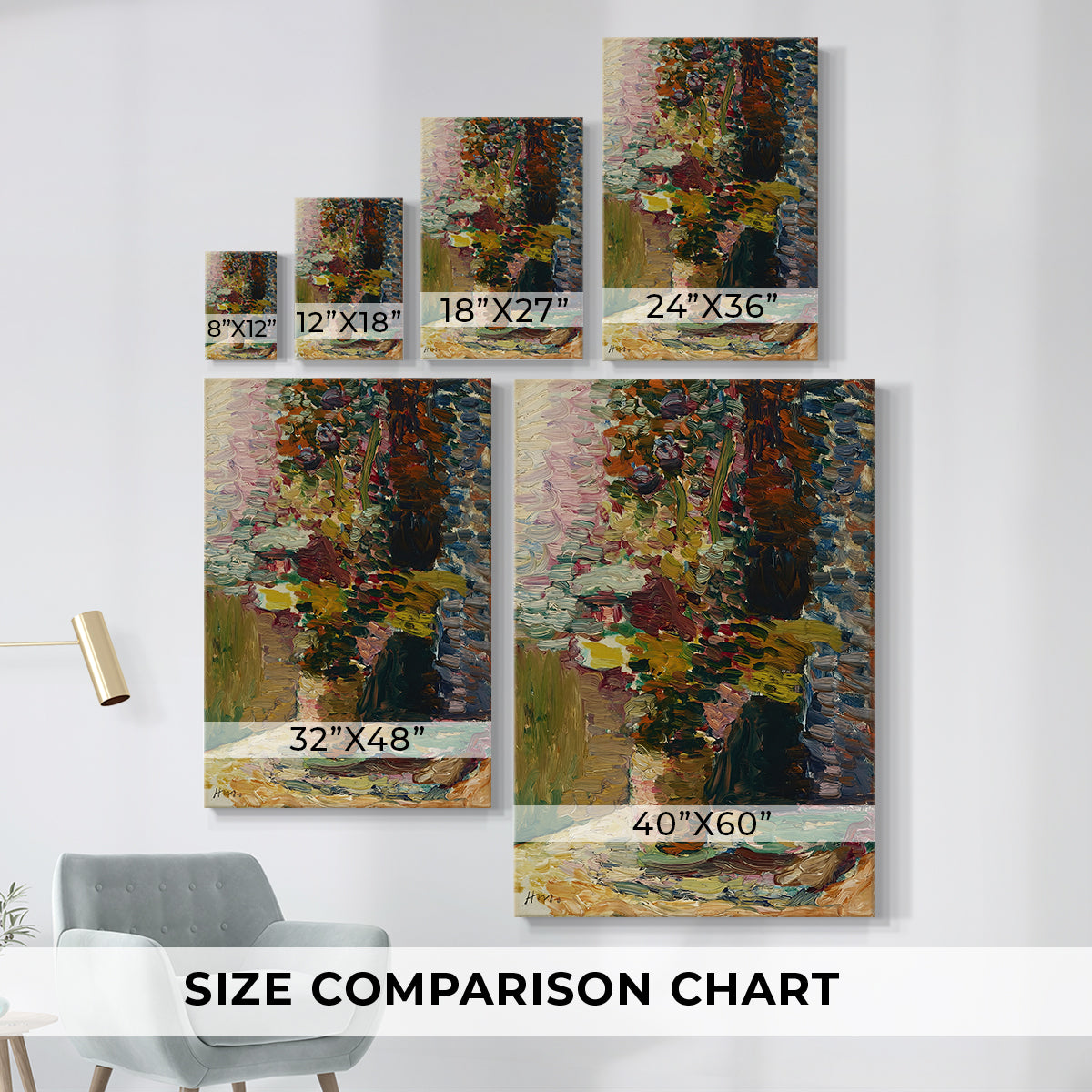 Size comparison chart for canvas art prints, showing multiple size options.