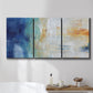Three-panel canvas wall art featuring deep blue abstract grotto tones, displayed in a bathroom above a bathtub.