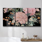 Three-panel canvas wall art featuring dark floral night blossoms, displayed in a bathroom above a bathtub.