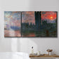 Three-panel canvas wall art featuring parliament silhouetted at dusk, displayed in a bathroom above a bathtub.