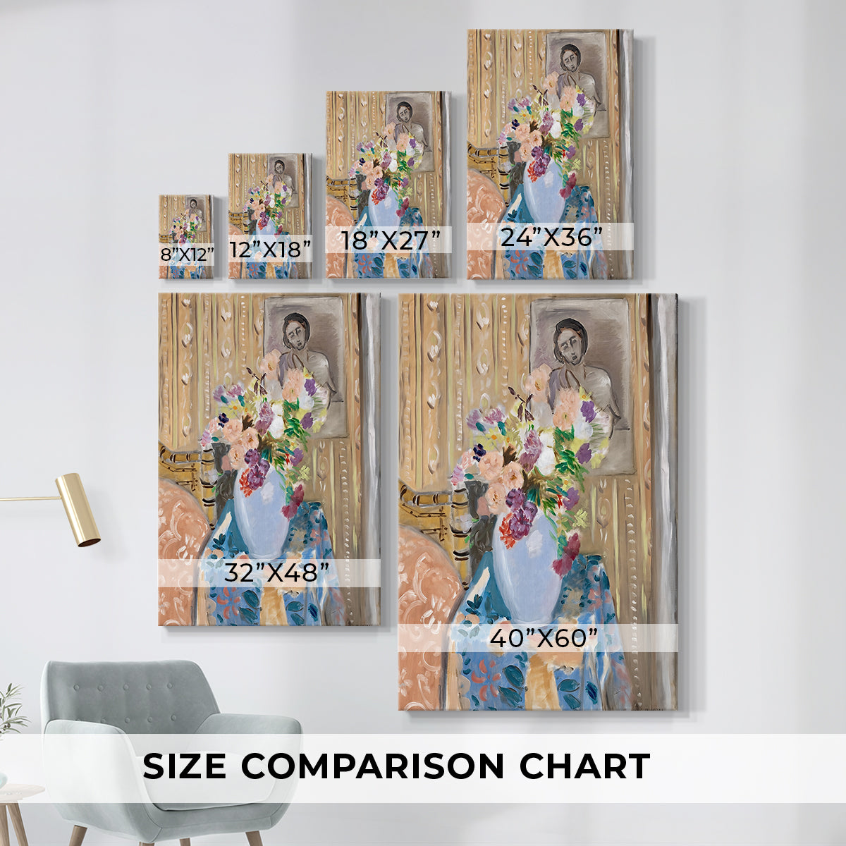 Size comparison chart for canvas art prints, showing multiple size options.