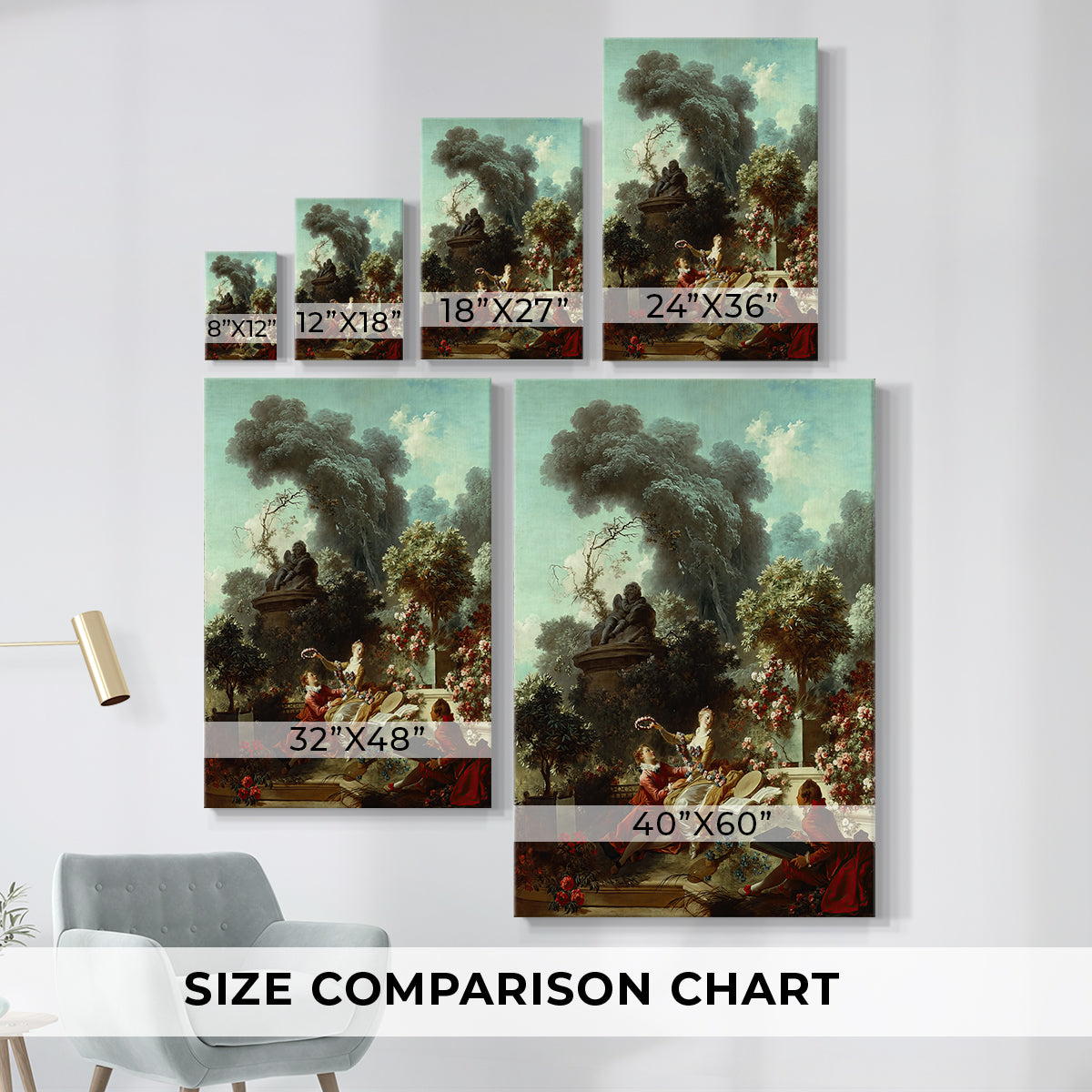 Size comparison chart for canvas art prints, showing multiple size options.