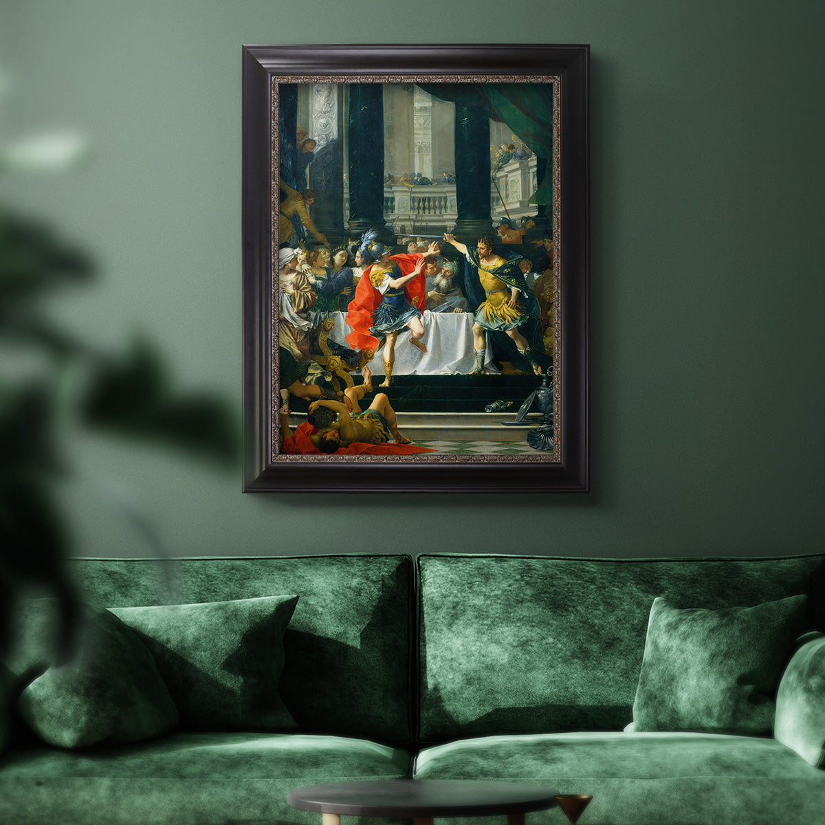 Classical historical painting of Alexander the Great by Donato Creti in an ornate black frame with gilded inner detail displayed in a dark-toned interior setting.
