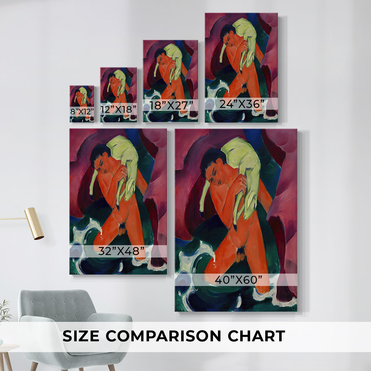 Size comparison chart for canvas art prints, showing multiple size options.