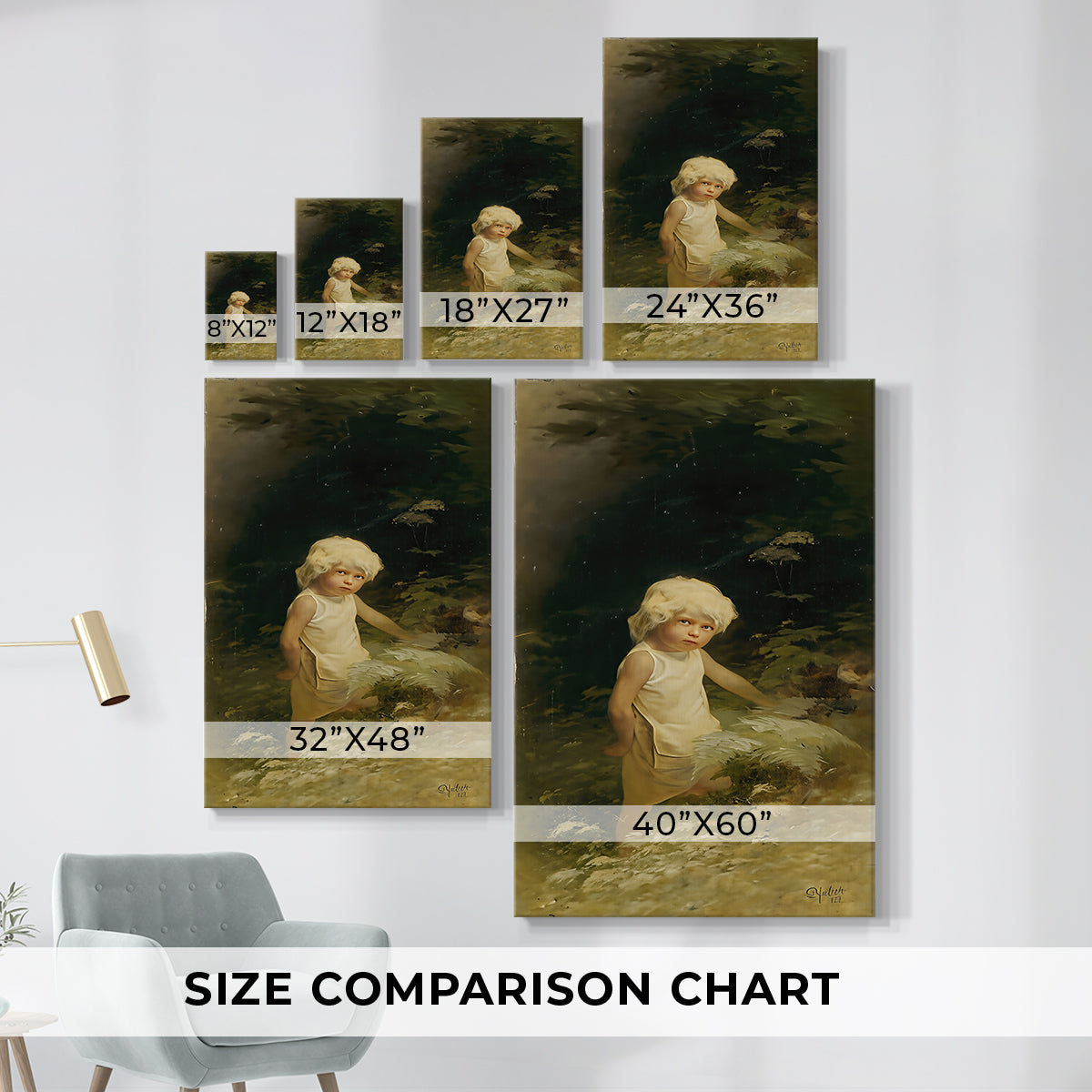 Size comparison chart for canvas art prints, showing multiple size options.