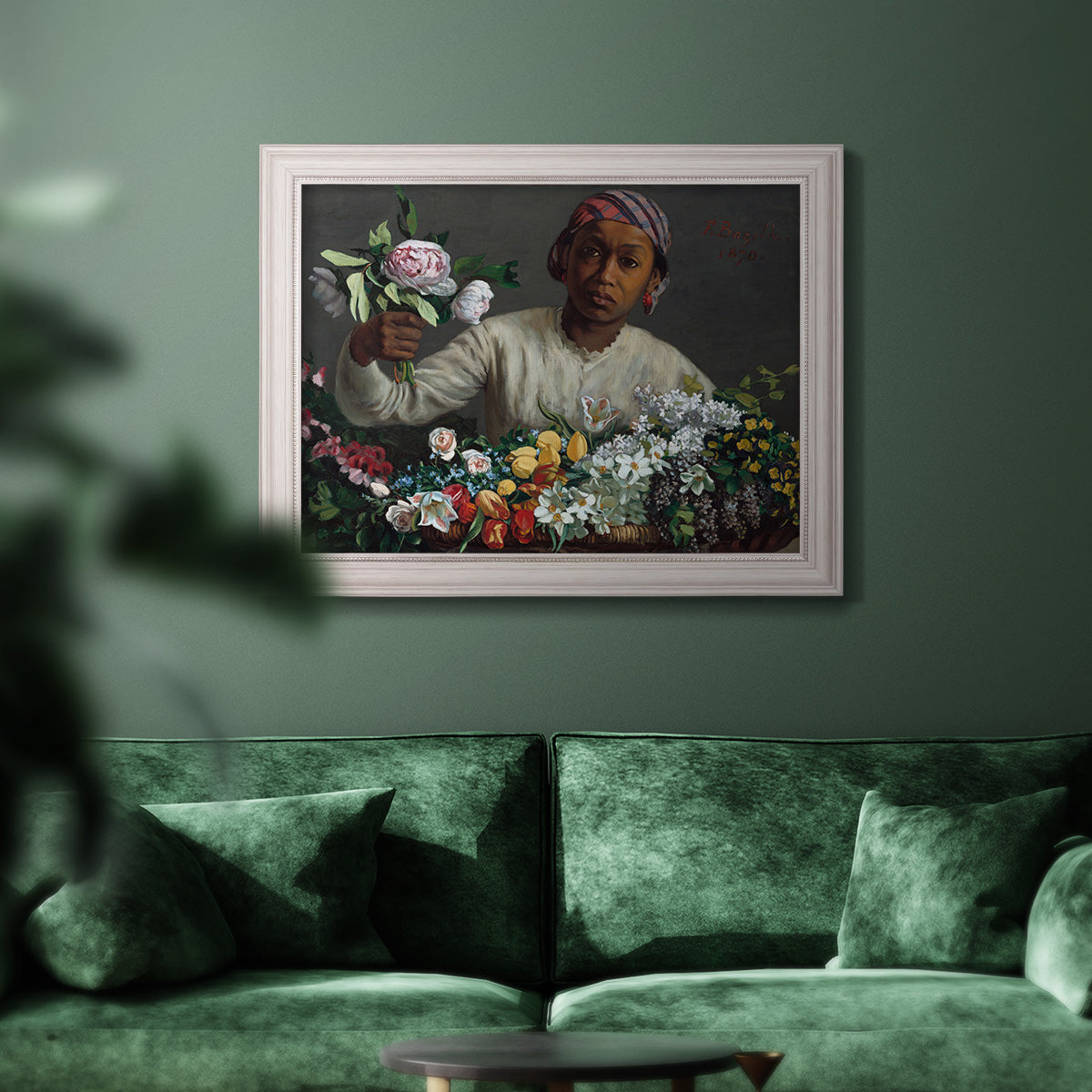 Traditional portrait of a woman holding peonies by Frédéric Bazille in an ornate weathered white frame displayed in a dark-toned interior setting.