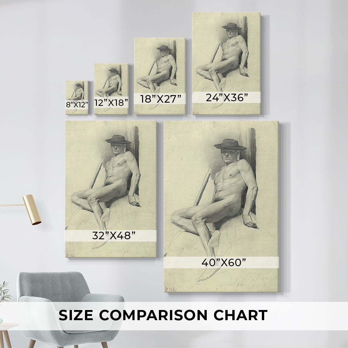 Size comparison chart for canvas art prints, showing multiple size options.