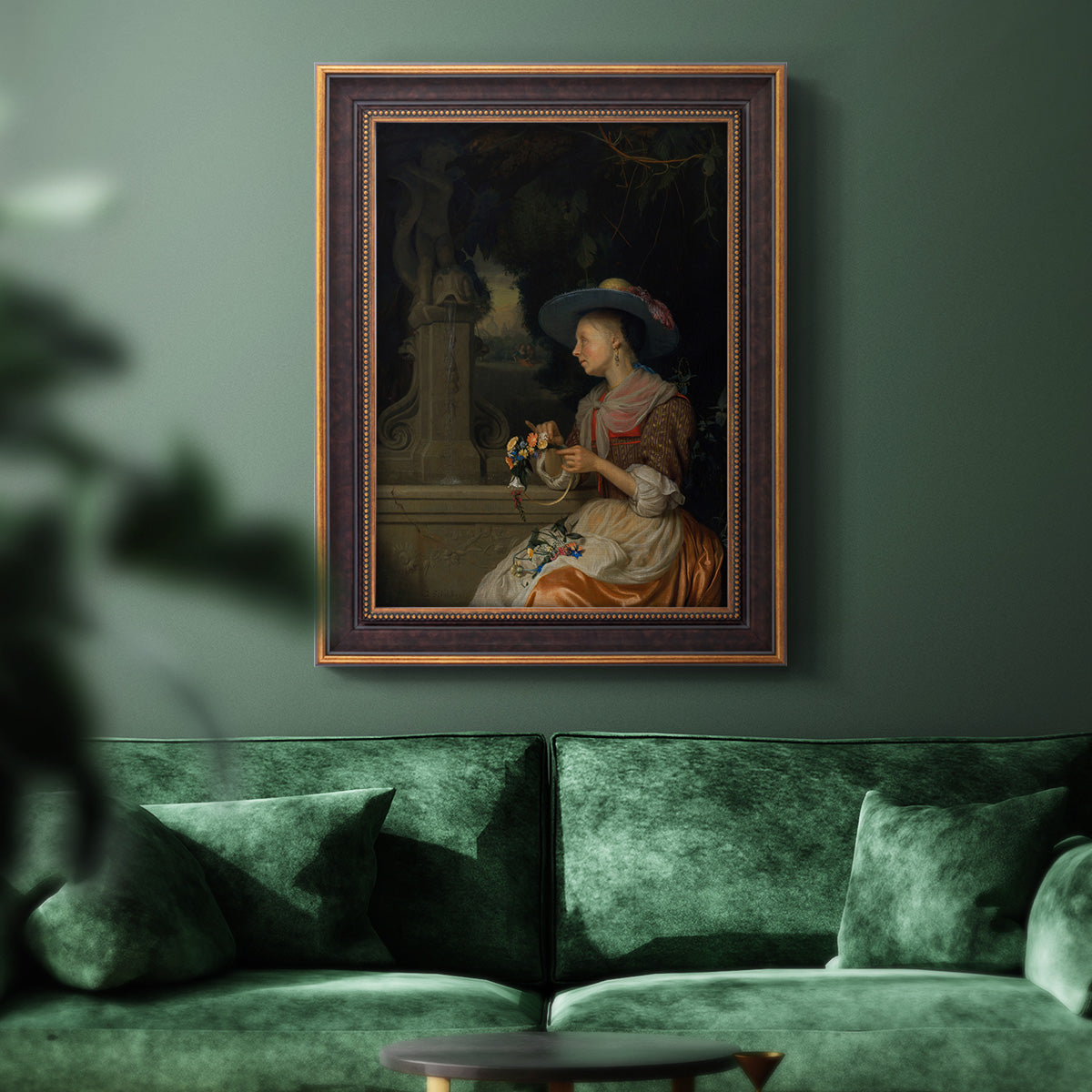 Classical interior scene of a woman weaving flowers by Godfried Schalcken in an ornate bronzed mahogany wood frame displayed in a dark-toned interior setting.