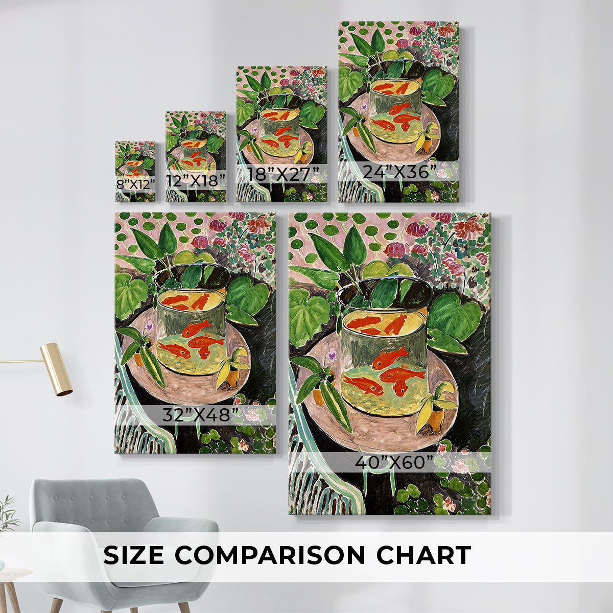 Size comparison chart for canvas art prints, showing multiple size options.