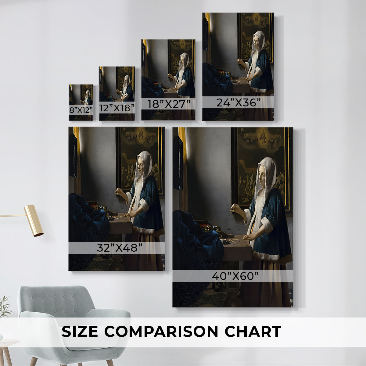 Size comparison chart for canvas art prints, showing multiple size options.