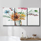 Three-panel canvas wall art featuring vibrant floral bouquet, displayed in a bathroom above a bathtub.