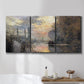 Three-panel canvas wall art featuring winter river sunset with reflections, displayed in a bathroom above a bathtub.